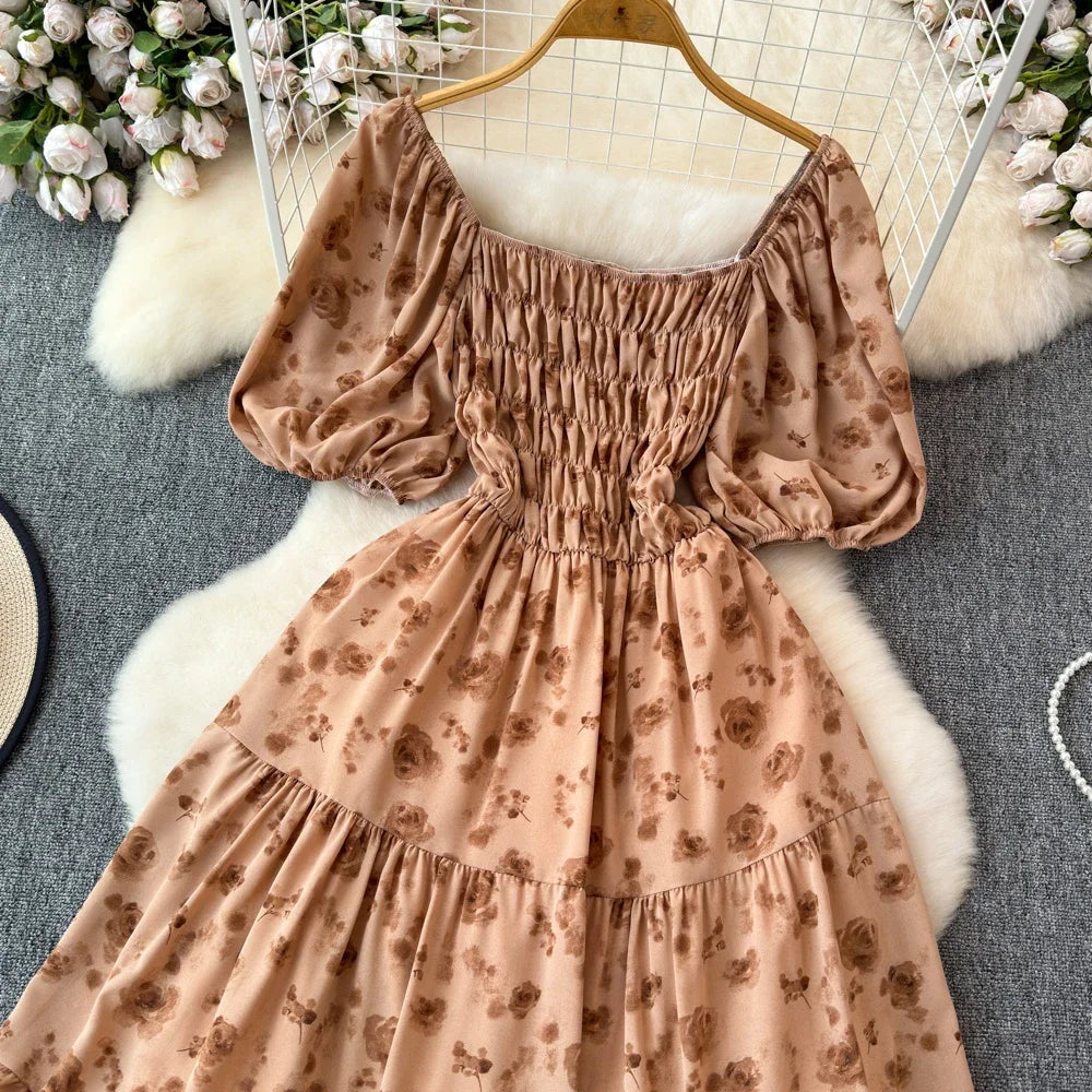 2024 New Summer Flower Print Long Dress Women Vintage Square Neck Ruched Chest Sash Bandage Sundress Party Vestidos