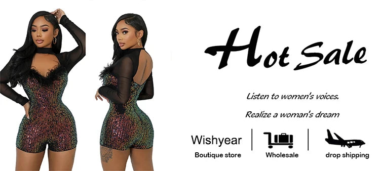 Wishyear Sexy Feather Mesh Patchwork Sequins Night Club Jumpsuits Shorts for Women Glitter Birthday Overalls Christmas Playsuits