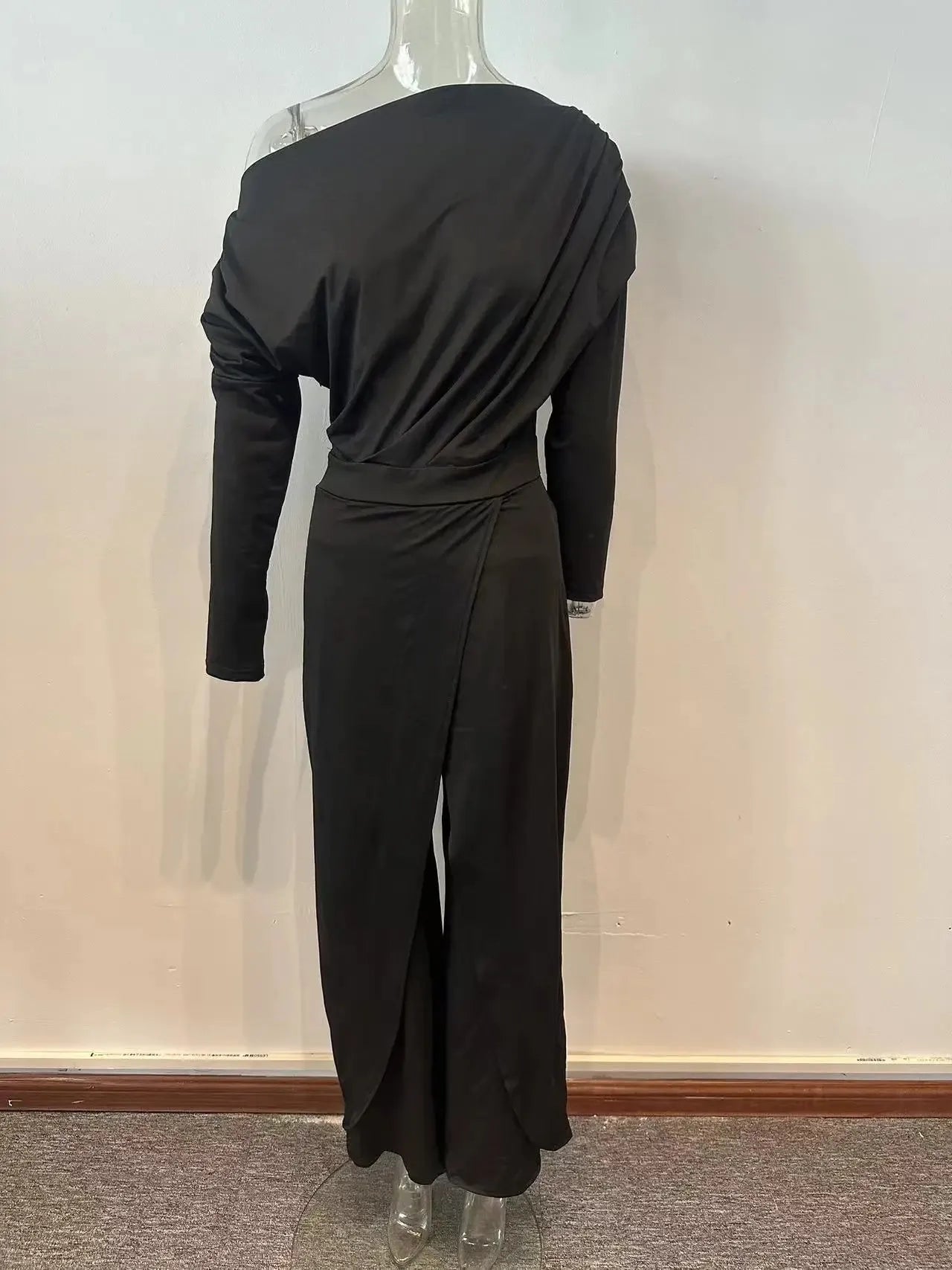 New Flat Elegant Office Women's Loose Ruffle Cold Shoulder Split Wide Leg jumpsuit Single Shoulder Formal Elegant Party jumpsuit