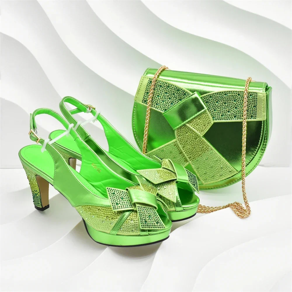 New Arrival Women Nigerian Italian Shoes and Bags Set Decorated with Rhinestone Peep Toe High Heels Women Pumps for Wedding