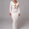 Mozision hollow out long sleeve sexy maxi dress for women fashion solid V neck back split bodycon club long dress elegant