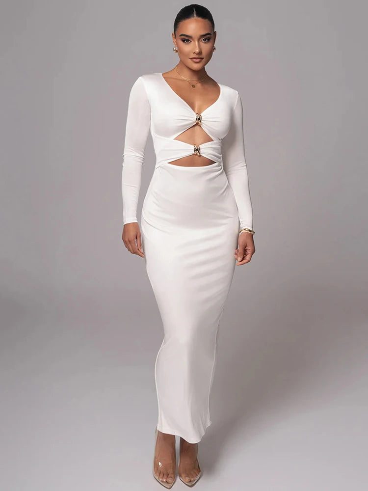 Mozision hollow out long sleeve sexy maxi dress for women fashion solid V neck back split bodycon club long dress elegant