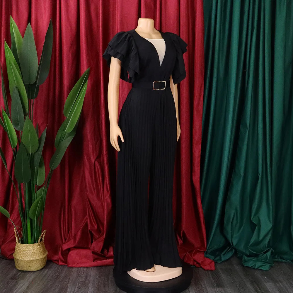 Elegant Pleated Jumpsuits & Rompers for Women V Neck Ruffles Belt Waisted High Waisted Floor Length Luxury Birthday Party Outfit