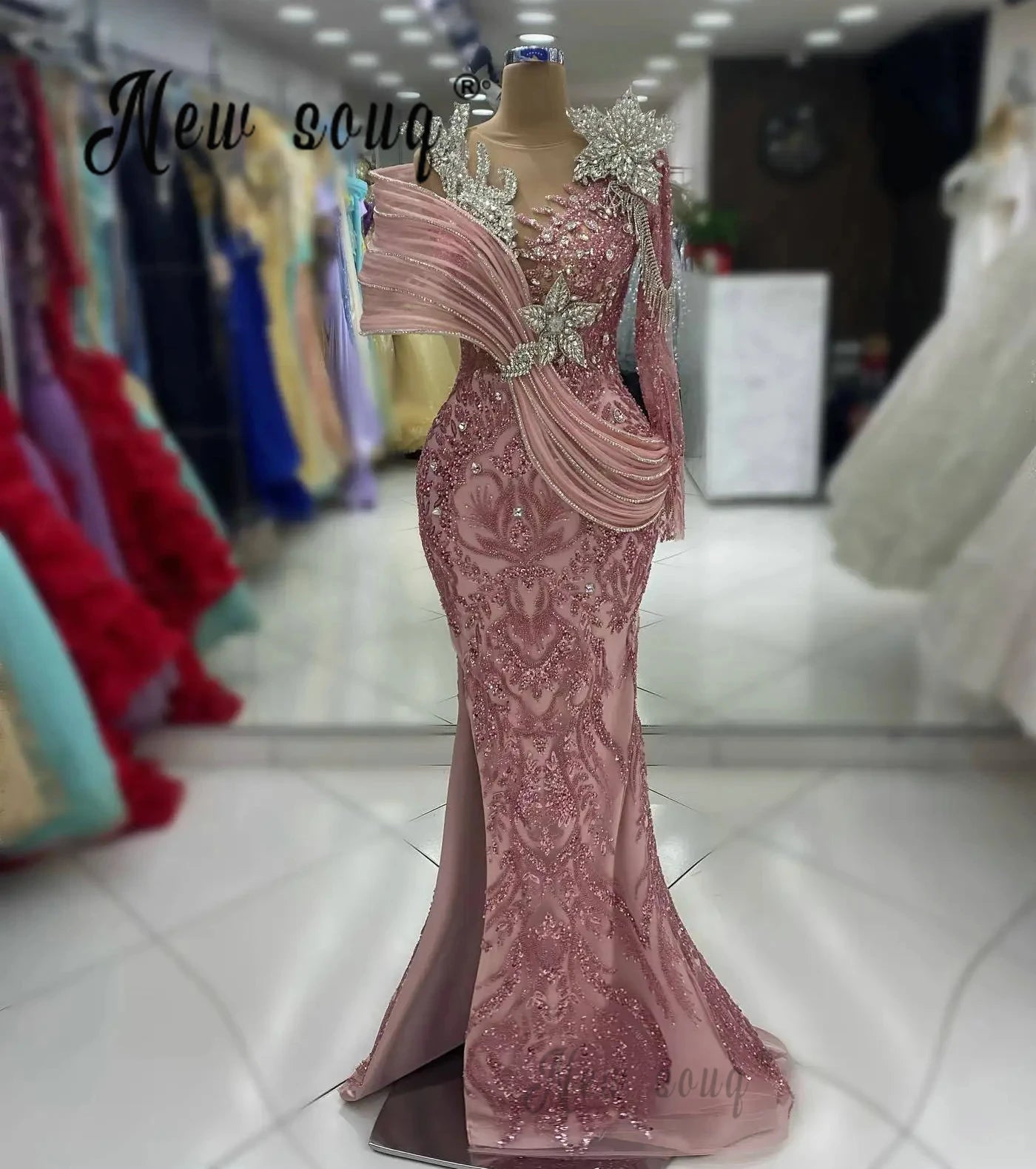Vestidos De Fiesta Blush Pink Long Sleeve Prom Dresses Ruched Mermaid Beading Wedding Guest Dress Women Plus Size Customized