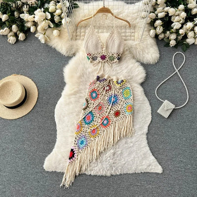2026Women's Summer Bohemian Style Holiday knitted Set Tassel Halter Top WithSkirt Set Knitted Skirt Suit Two Piece Set for Women