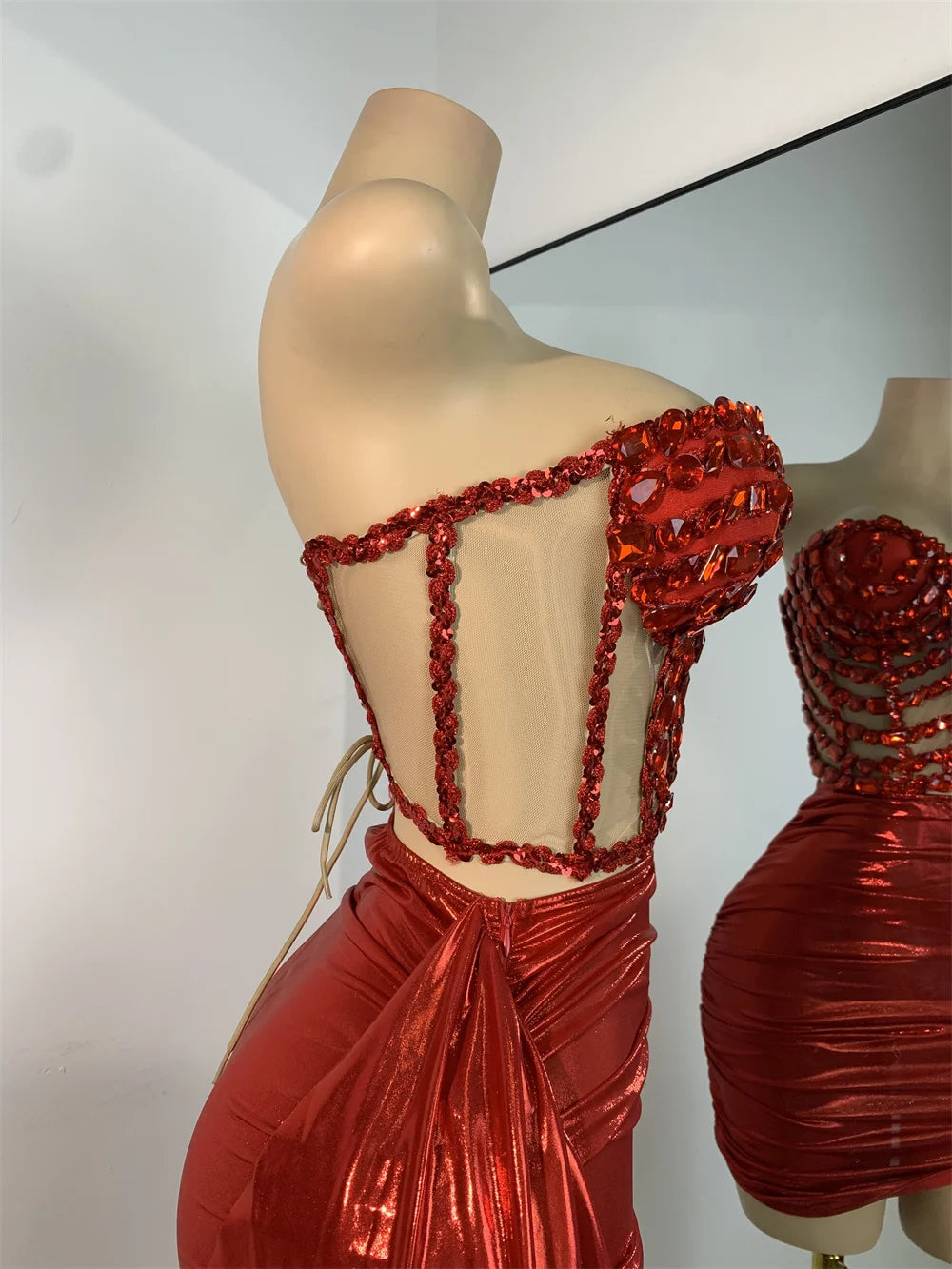 Sparkly Red Diamonds Asymmetrical Two Pieces Dress Design 2025 Women Sexy Strapless Top Skirt Suits Dance Performance Outfit