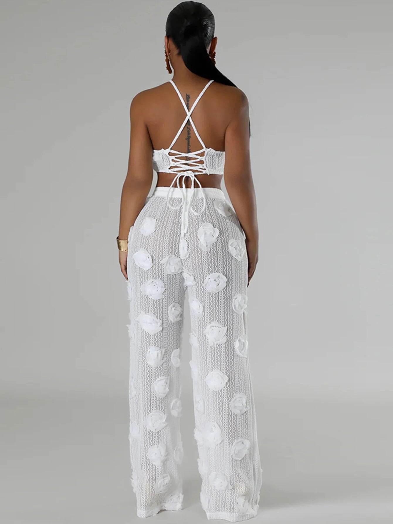 Sexy see through lace up vacation jumpsuits women summer body party club outfits streetwear womens jumpsuit Wide leg pants sets