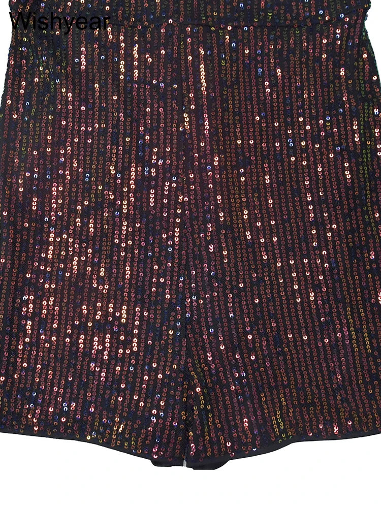 Wishyear Sexy Feather Mesh Patchwork Sequins Night Club Jumpsuits Shorts for Women Glitter Birthday Overalls Christmas Playsuits
