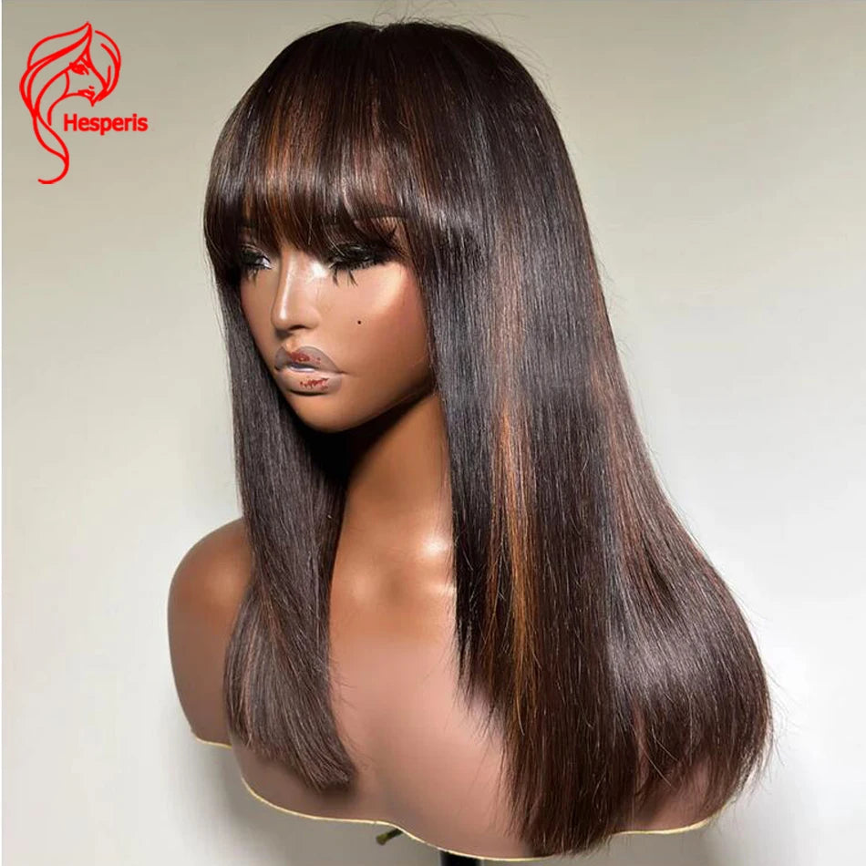Hesperis Hesperis Short Bob Human Hair Wig With Bangs Brazilian Remy #30 Color Highlight Brown Scalp Top Full Machine Made Wig