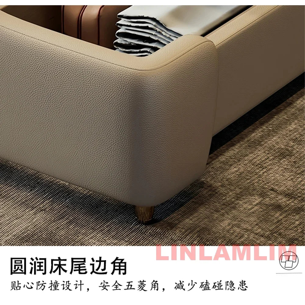 MINGDIBAO Luxury Modern Upholstered Bed Frame with Gold Accents, Genuine Leather Designer Bed, Queen/King Size Bedroom Furniture