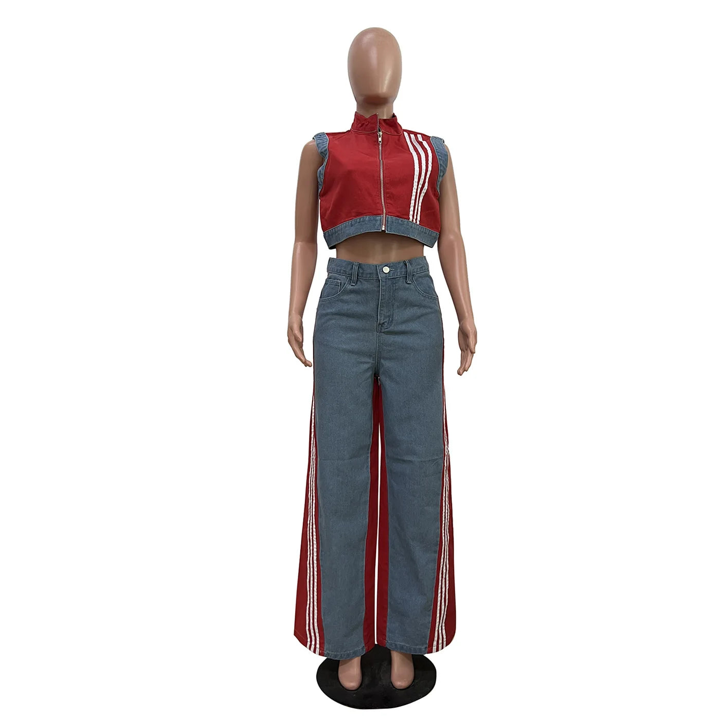 2 Pieces Women's Sets 2025 Spring Summer Denim Sleeveless Suit Tops And Wide Leg Pants Suits Two Piece Set Tracksuit Outfit