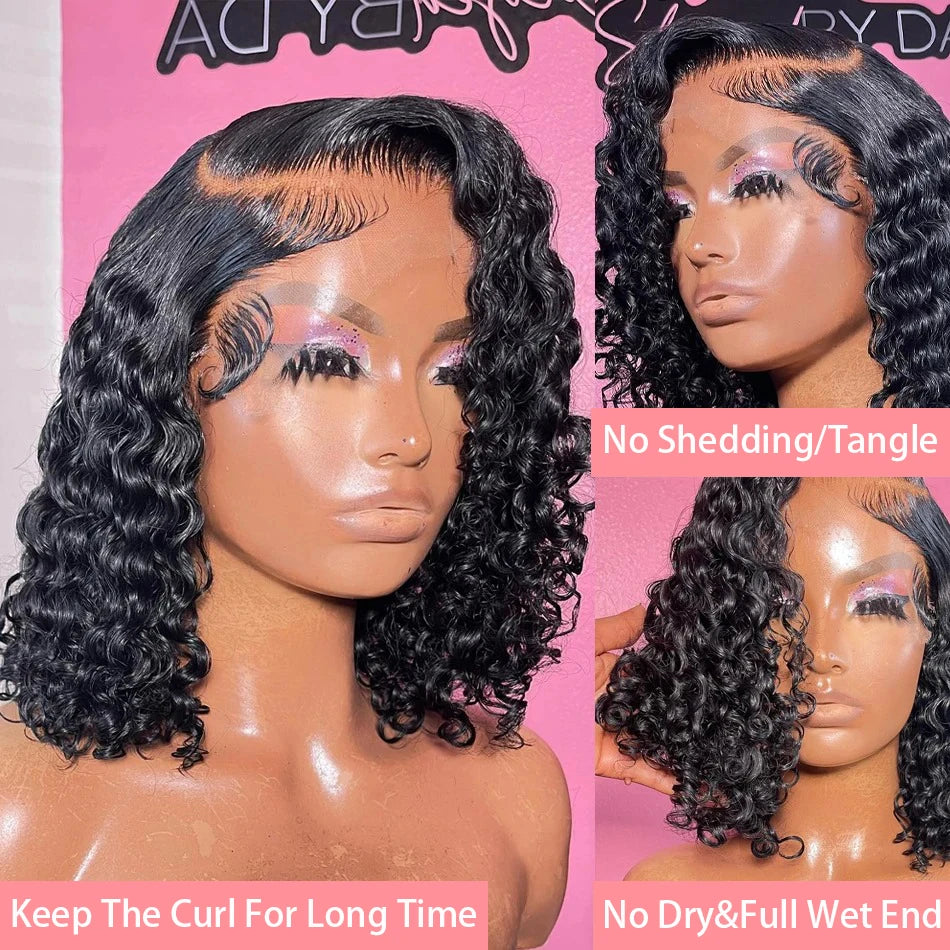 Brazilian Deep Water Wave Bob Wig 13x4 Lace Frontal Wig 100% Human Hair Short Curly 4x4 Closure Wig Preplucked Remy Hair 14 Inch