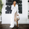 CM.YAYA Vintage Women Long Sleeve High Side Split Ruched Up Wrap Lapel Collar White Maxi Long Dress Fashion Street Dresses