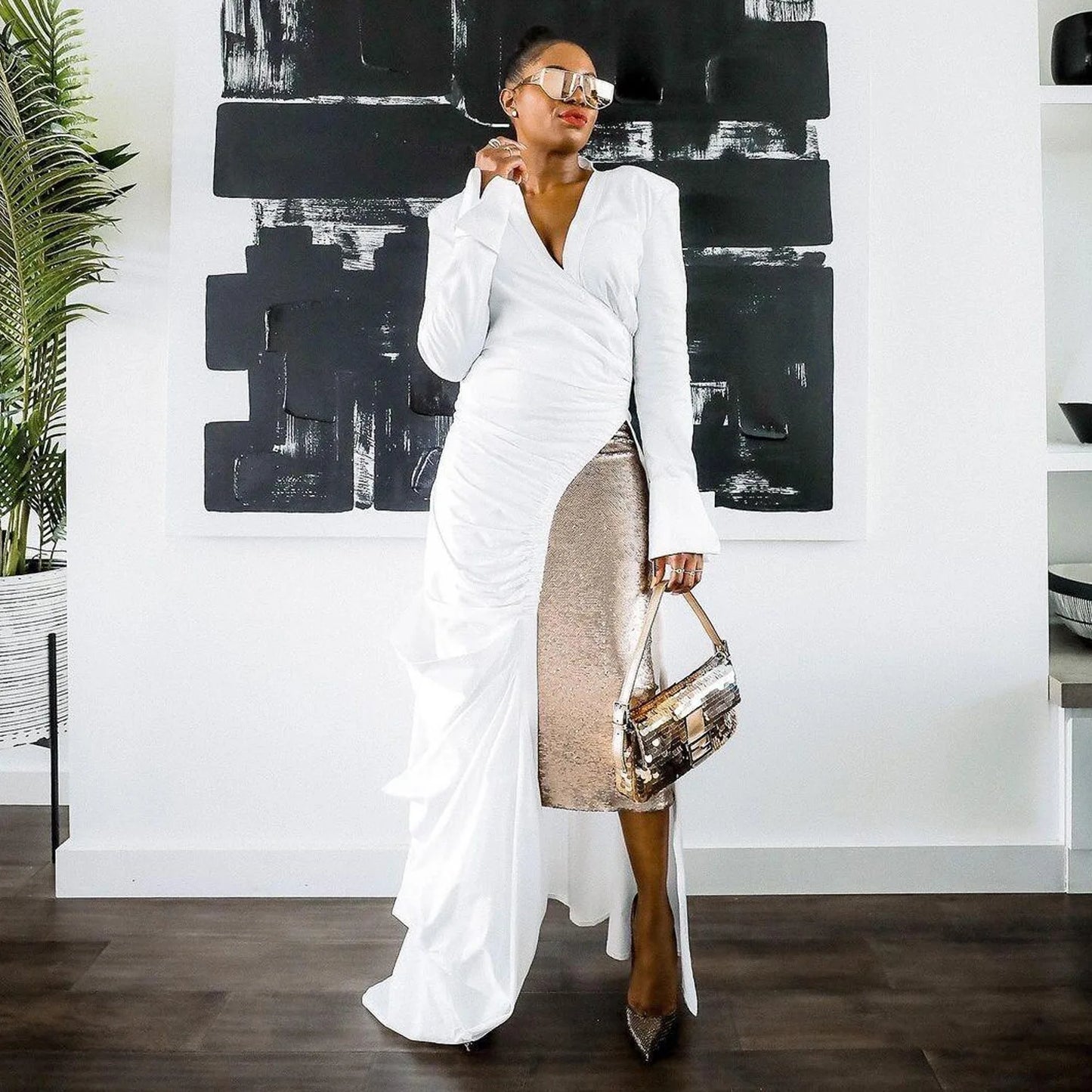CM.YAYA Vintage Women Long Sleeve High Side Split Ruched Up Wrap Lapel Collar White Maxi Long Dress Fashion Street Dresses