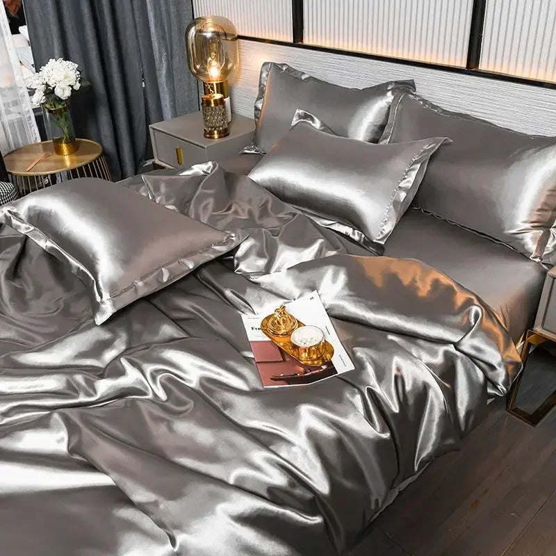 Nordic Satin Silk Bedding Set with Duvet Cover Bed Sheet Pillowcases Luxury Solid Single Double Couple Pillow Case Bedsheet