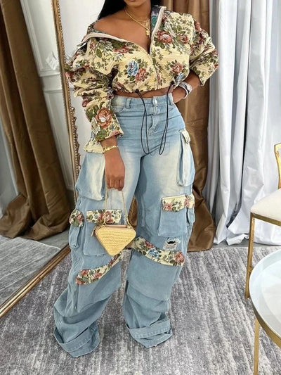 BWQ Washed Denim Women's Set Full Sleeve Floral Jacket and Pockets Cargo Jeans Pants Suit 2025 Street Two 2 Piece Set Outfit