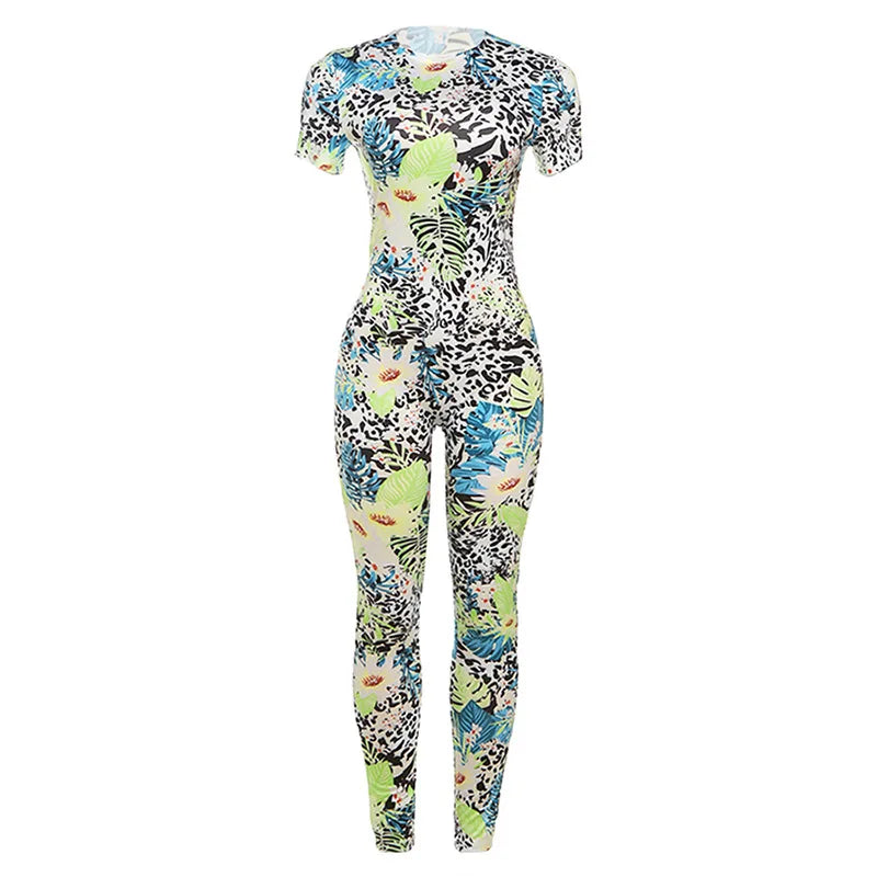 Joskaa Colorful Print Sporty Jumpsuit Women Hipster O-Neck Short Sleeve Skinny Rompers 2025 Summer Fashion Overalls Streetwear