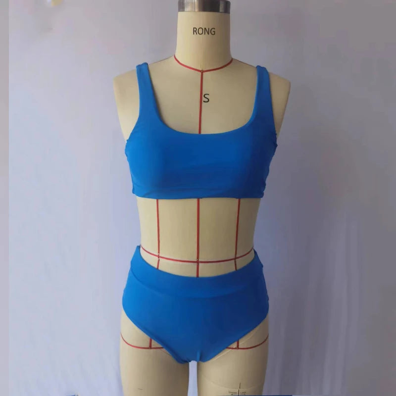 BEACHCICI Bikini 2 Piece Set Women Summer Casual Sexy Solid Tank Backless Round Neck High Waist Slim Vacation Beach Swimsuit