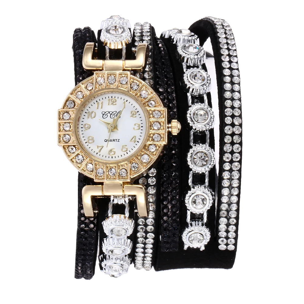 Fashion Rhinestone Blingbling Leather Wrap Quartz women watch
