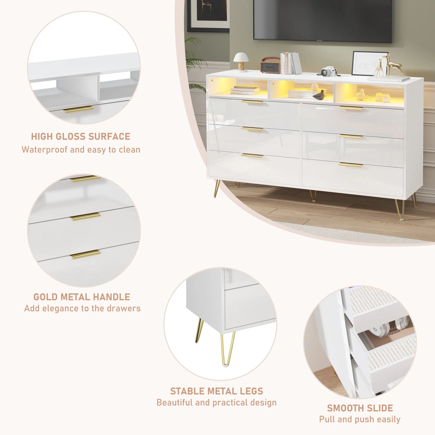6 Drawers Dresser for Bedroom with LED Lights, High Gloss Chest of Drawers with Metal Legs, Modern Wood Closet Storage Organizer