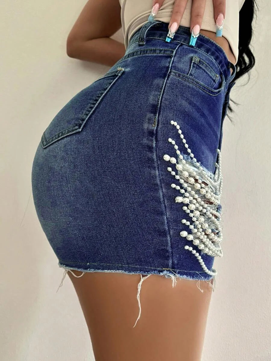 Denim Shorts Women Summer New High-waisted and Thin Handmade Bead Chain Ripped Hot Pants for Women