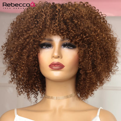250D Brown Color Afro Kinky Curly Human Hair Wigs with Bangs Wear to go Glueless Wig Remy Brazilian Short Curly Human Hair Wig