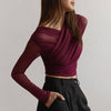 CUTENOVA Chic Design Cross Neck Crop Top Solid Color Mesh See Through Sexy Pleated Long Sleeve Elegant T-Shirt For Women Casual