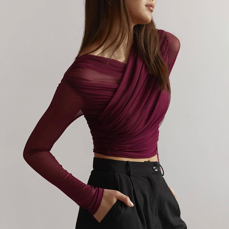 CUTENOVA Chic Design Cross Neck Crop Top Solid Color Mesh See Through Sexy Pleated Long Sleeve Elegant T-Shirt For Women Casual