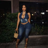 HLJ&GG Blue Fashion Denim Halter Two Piece Sets Women Sleeveless Backless Slim Crop Top And Skinny Jean Pants Outfits Streetwear