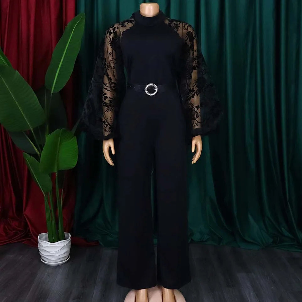 Elegant Jumpsuits & Rompers for Women O Neck Full Sleeve Belt Waisted Straight African Birthday Party Dinner Overalls Clothes OL