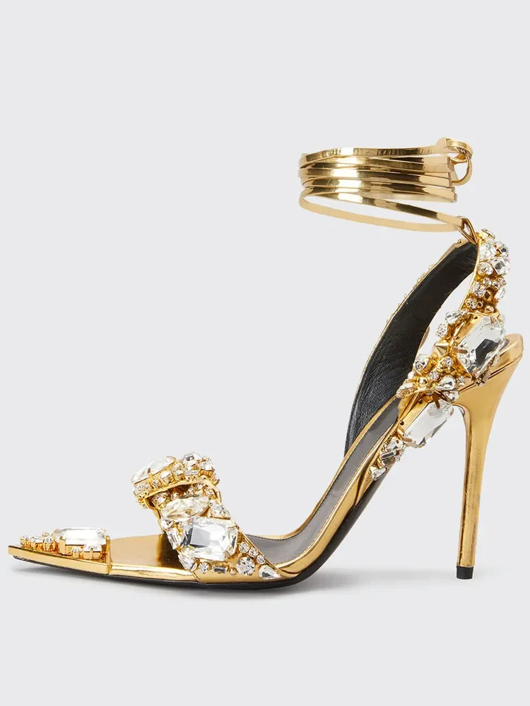 2024 Luxury Rhinestone Pointed Sandals Prom Super High Heel Sandals Slim Heel Dress Show Sandals Oversized 34-43 Women's Shoes