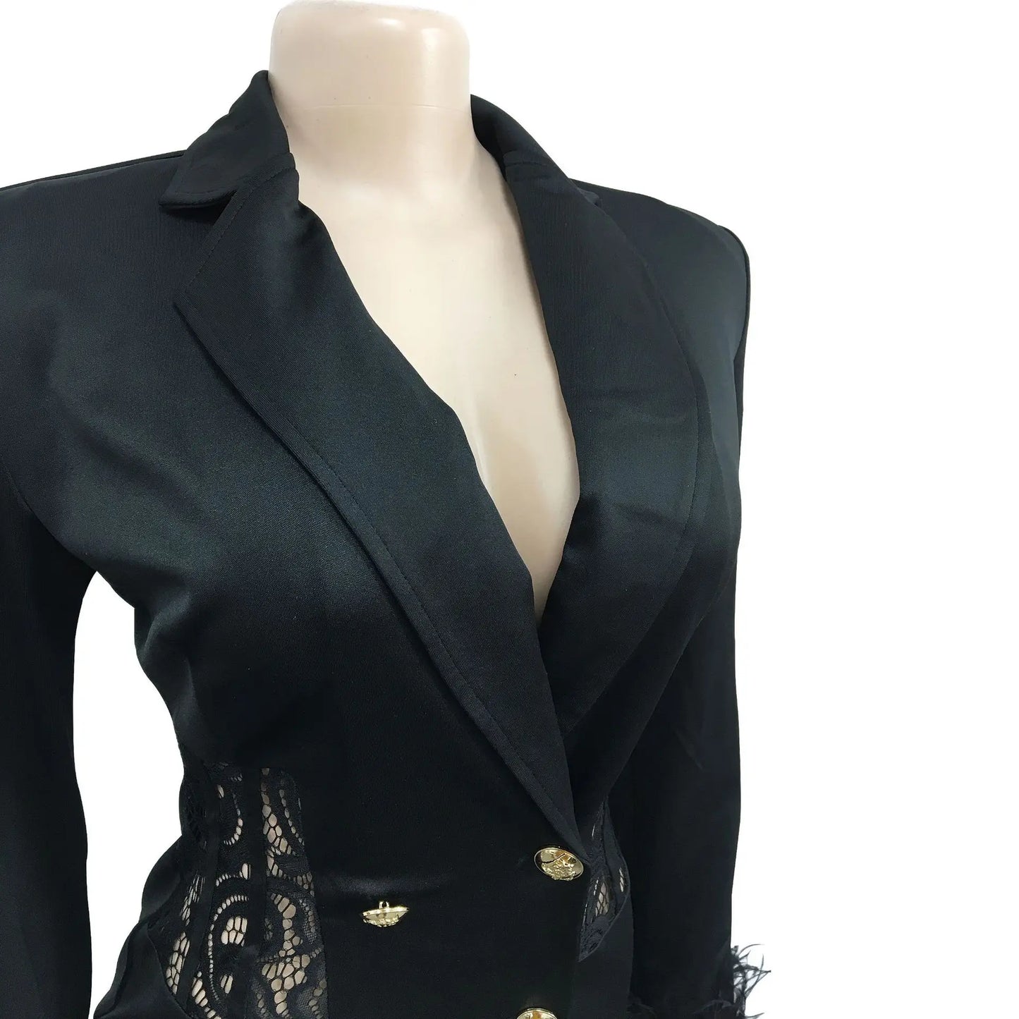 FANAN Elegant Women Double Breasted Tassel Hem and Long Sleeve Notched Collar Lace Waist Patchwork Blazer Dress Vestidos 2022