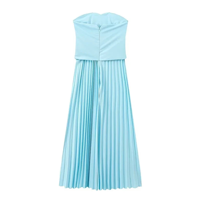 Women's 2024 Autumn New Fashion Temperament Hollow Design Strapless Stitching Crinkled Dress