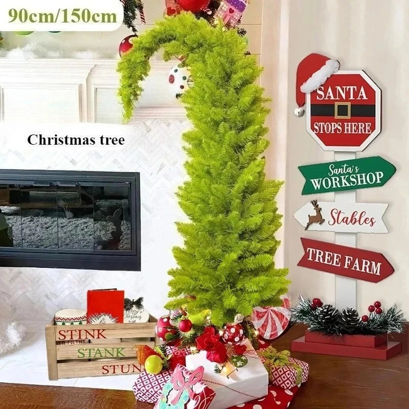 Artificial Christmas Tree PVC Material Crooked Neck Santa Hat Shape Christmas Tree 90cm/150cm Christmas Family Party Decorations