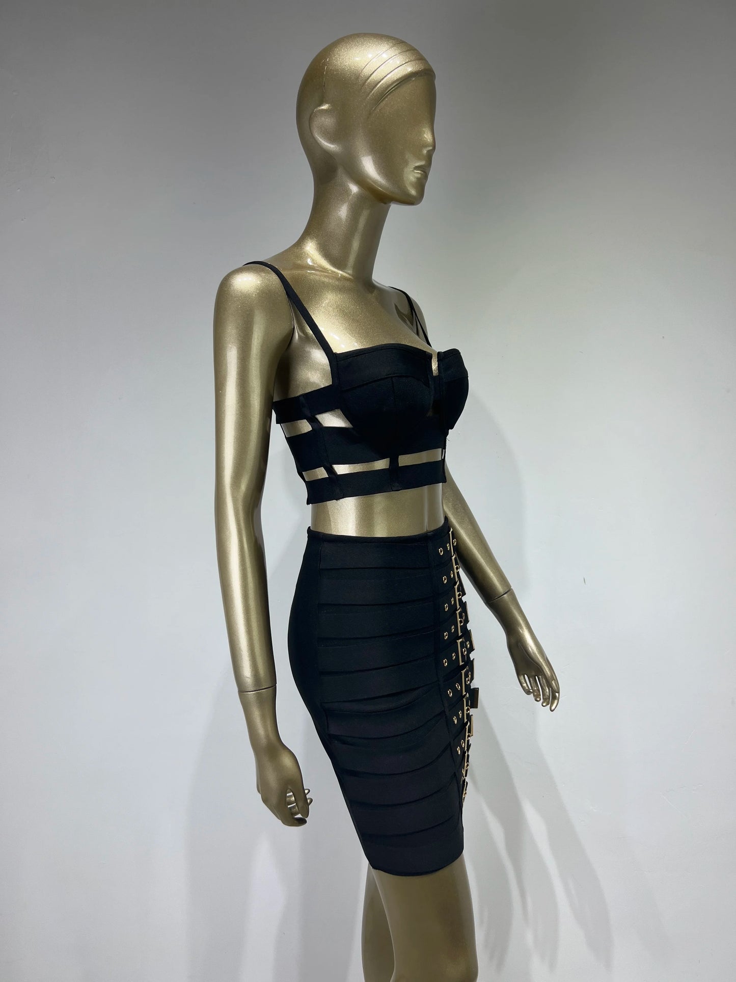 Women Celebrity Sexy Cut Out Mental Black White Mini Bodycon Bandage Skirt Set 2023 Elegant Evening Birthday Club Party Outfits