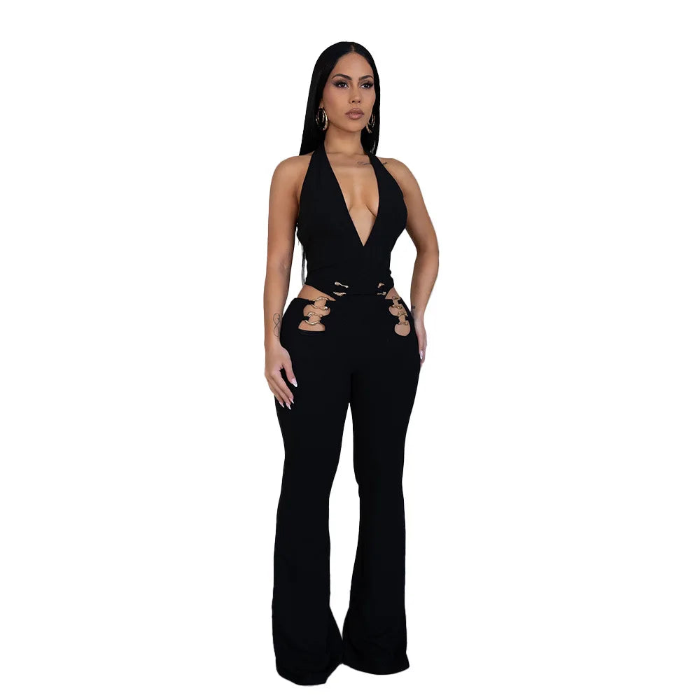 CM.YAYA Women V-Neck Backless Straight Sleeveless Flare Jumpsuits 2025 Summer Hollow Out Sexy One Piece Set Streetwear Outfits