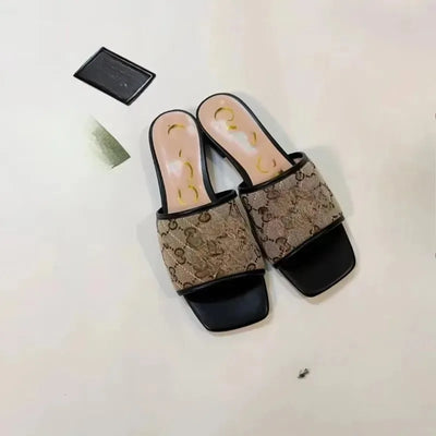 Summer Square-Toe Embroidered Buckle Flat Sandals Non-Slip Outdoor Slippers for Women Men Beach Walking