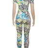 Insglas Print Jumpsuit Women Casual Colorful  Short Sleeve Summer Activity o-Neck Skinny Stretch Fitness Soft Street Overalls
