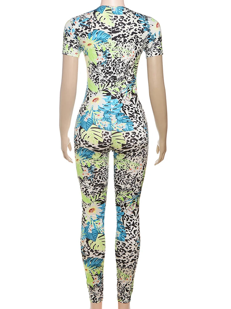 Insglas Print Jumpsuit Women Casual Colorful  Short Sleeve Summer Activity o-Neck Skinny Stretch Fitness Soft Street Overalls