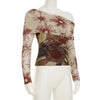 CIBBAR Vintage Mesh See Through Cropped Top y2k Aesthetic Floral Print Slash Neck Long Sleeve T-Shirts Women Retro Fashion Tees