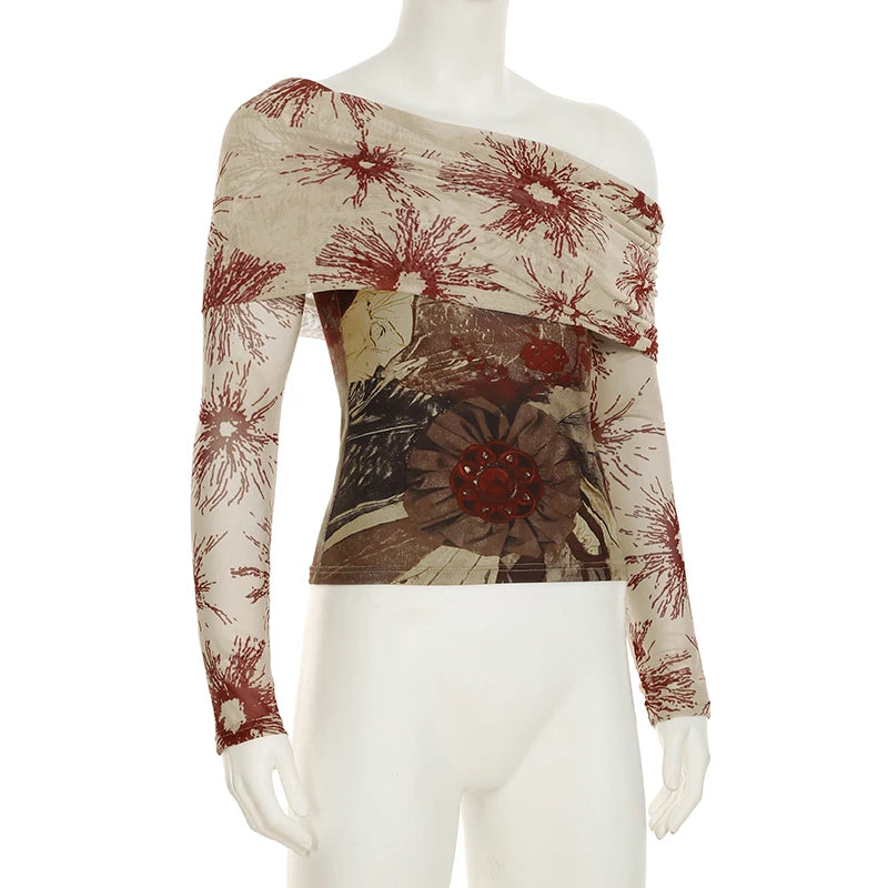 CIBBAR Vintage Mesh See Through Cropped Top y2k Aesthetic Floral Print Slash Neck Long Sleeve T-Shirts Women Retro Fashion Tees