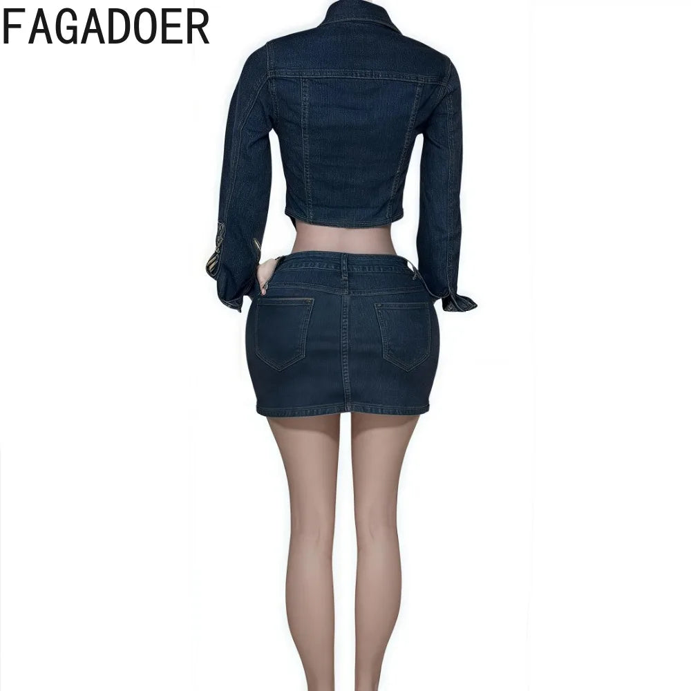 FAGADOER Fashion Denim Two Piece Set For Women Buttons Pocket Irregular Patchwork Crop Jacket + Skirt Female Streetwear Clothing