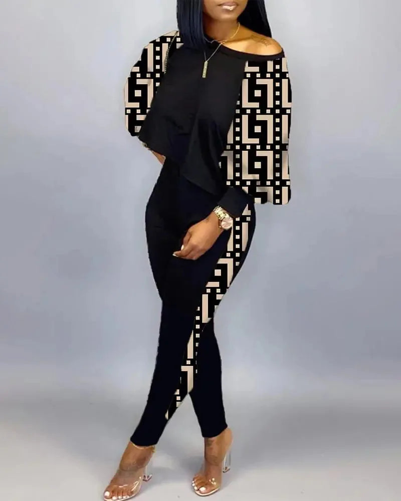 2024 New Autumn Women's Long-Sleeved Round Neck Off-Shoulder Fashion Casual Suit Pants Set Woman Coordinated Pants Sets