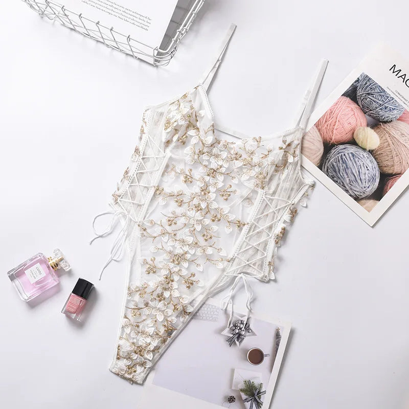 One-piece Backless Floral Embroidery Lace Bodysuit Women 13 Colors String Jumpsuit Lace Up Fancy Sexy Bodysuit Body Femme