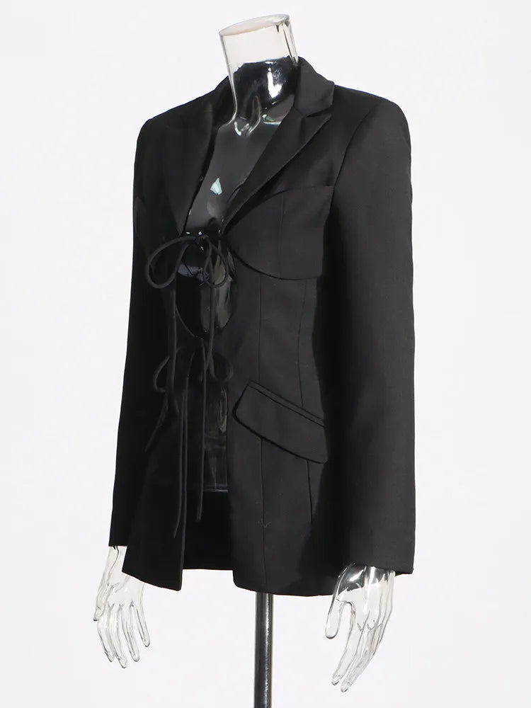 TWOTWINSTYLE Patchwork Lace Up Hollow Out Blazer For Women Notched Collar Long Sleeve Tunic Designer Blazers Female Fashion New