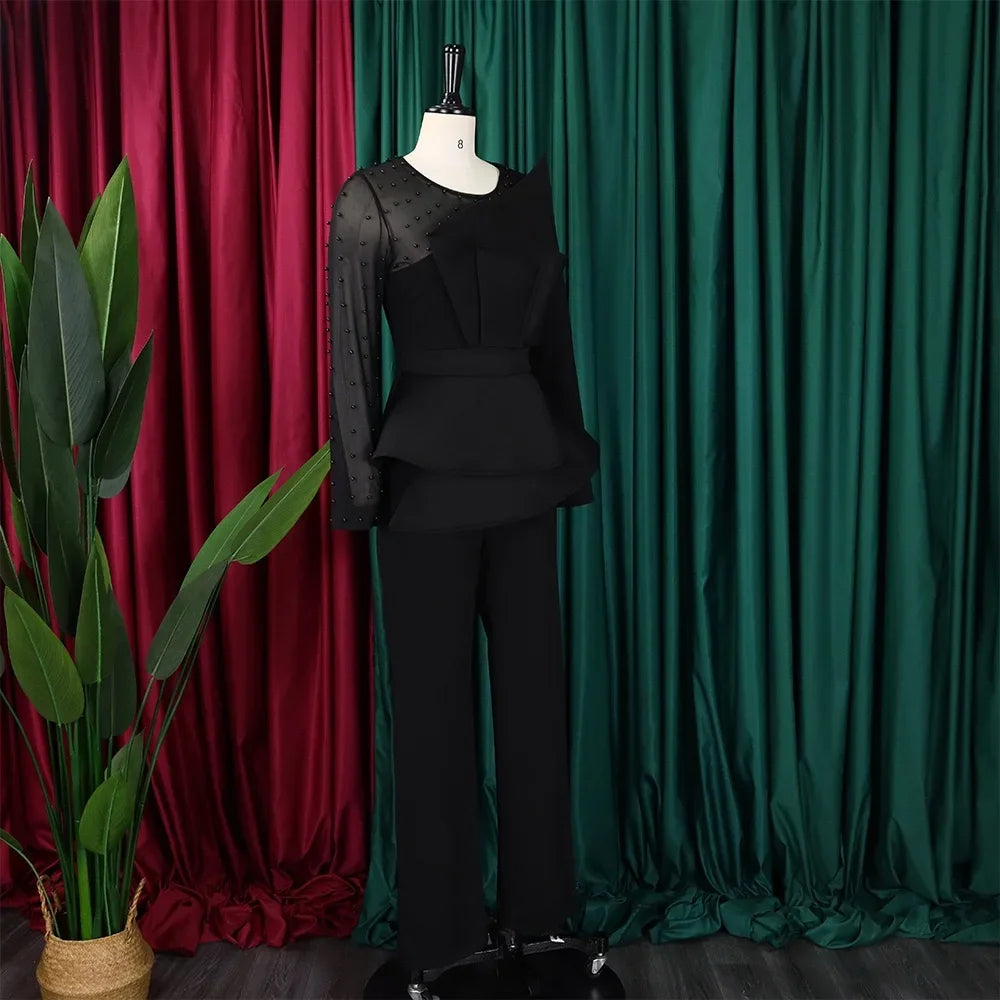 Luxury Jumpsuits & Rompers for Women Round Neck Beaded Transparent Sleeve High Waisted Elegant Female Birthday Party Overalls