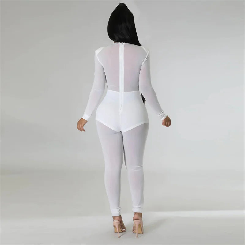 Sexy Mesh Patchwork Sheer Night Club Bodycon Jumpsuit for Women See Through One Piece Rompers Clubwear Party Birthday Outfits