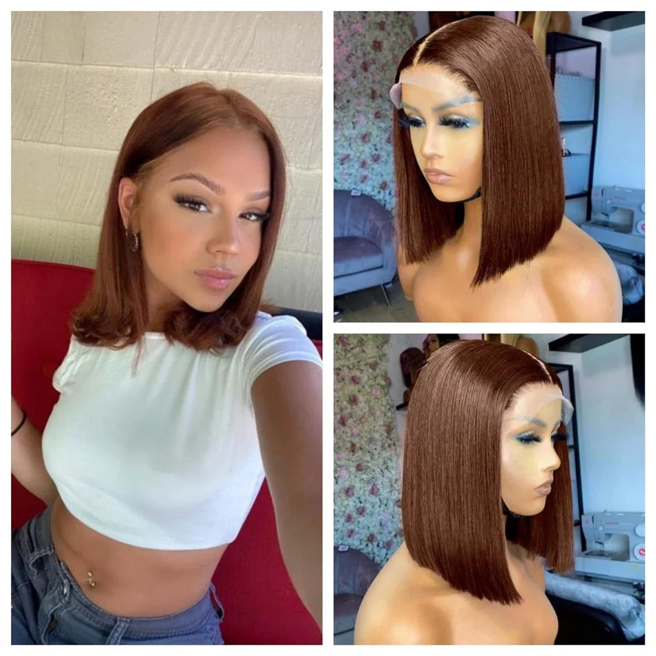 12A Double Drawn 210% Density Bone Straight Hair Bob Wig 13x4 Lace Front Wig 10-16 Inches Chocolate Brown Human Hair Wig
