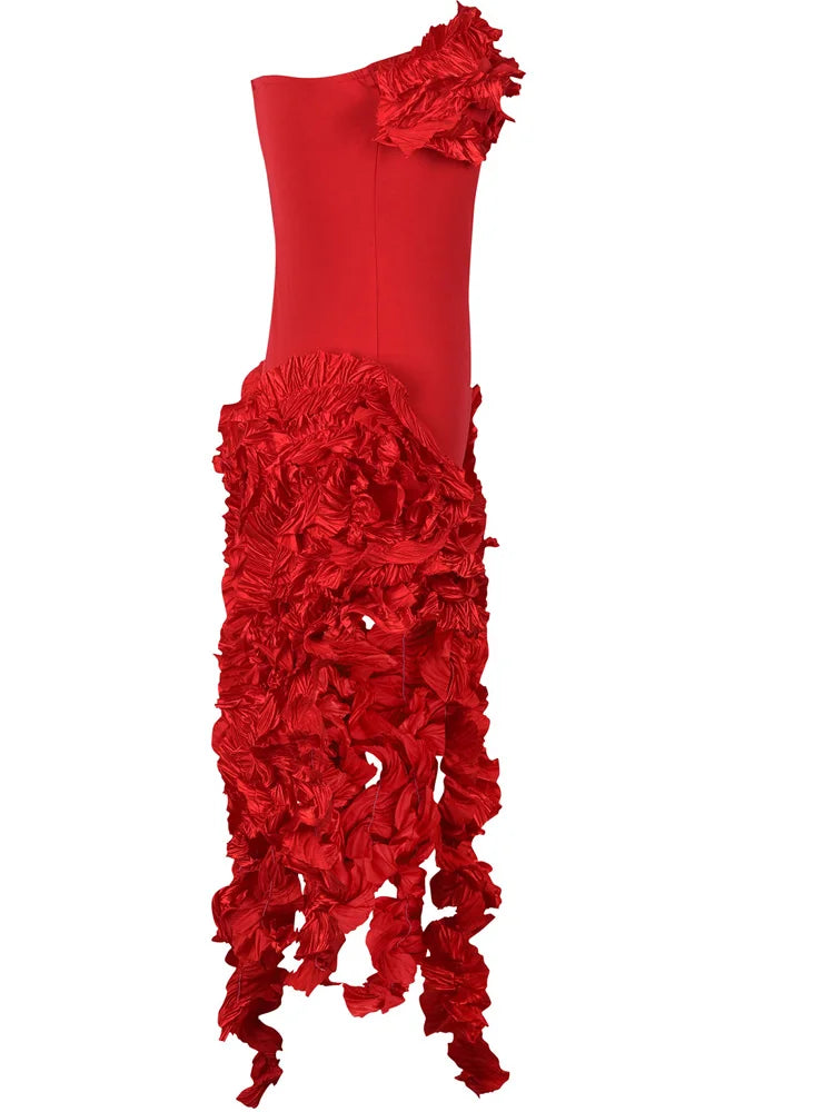 Bonnie Forest Women's Fringed Bandage Midi Dress Glam Strapless Irregular Ruffle Party Cocktail Dress Female Vestidos Clubwear