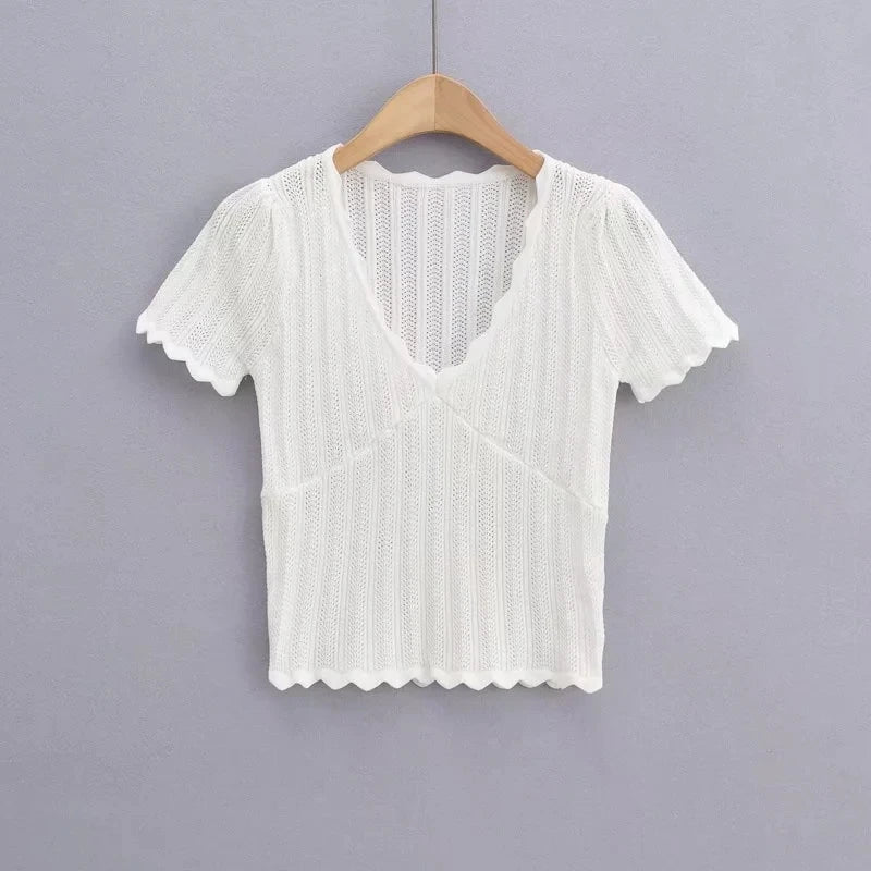 Women V Neck Knitted Crochet Tee With